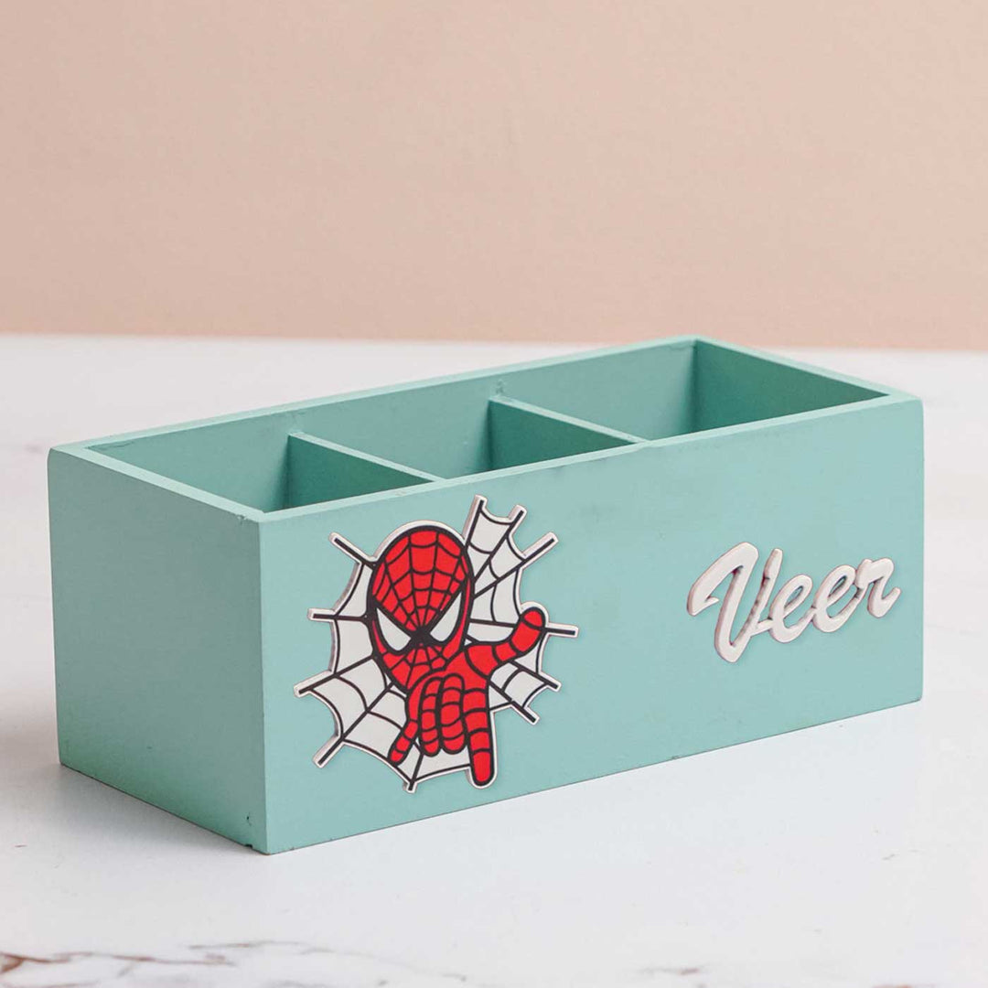 Personalized Spiderman Theme Mdf Wood Stationery Organizer For Kids