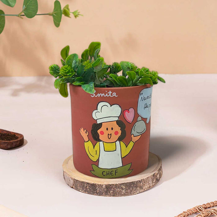 Handpainted Personalized Clay Planter With Chef Avatar Illustrations And Quote