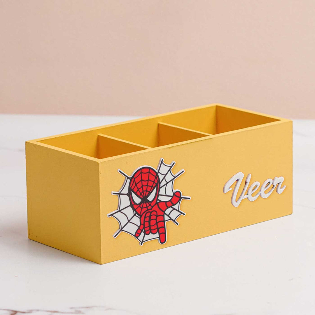 Personalized Spiderman Theme Mdf Wood Stationery Organizer For Kids