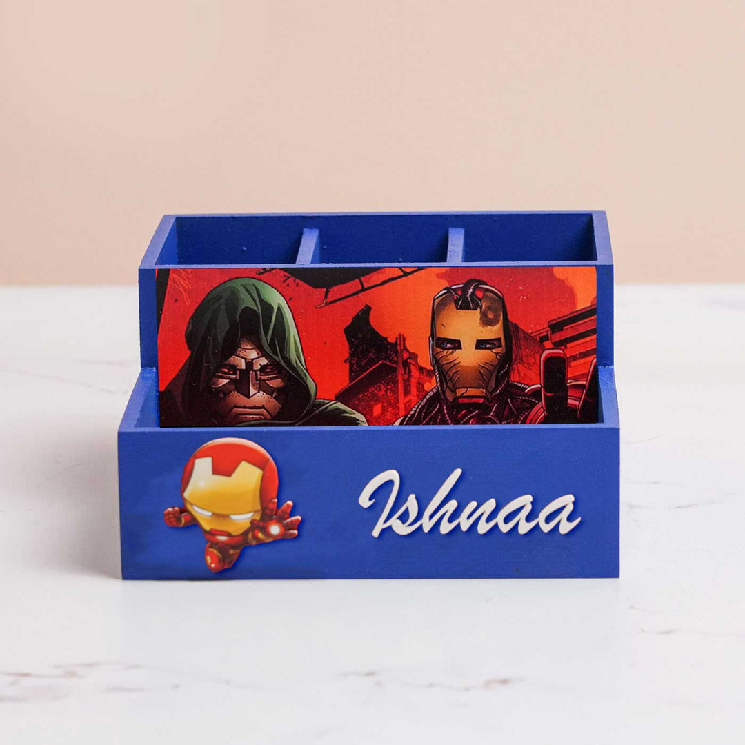 Personalized Ironman Theme Mdf Wood Stationery Organizer For Kids