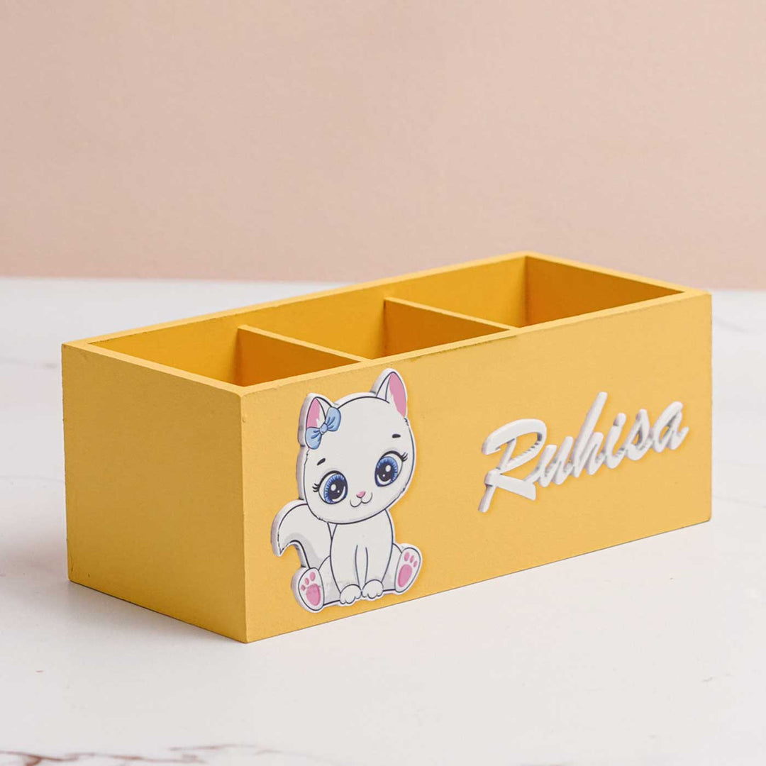 Personalized Cat Theme Mdf Wood Stationery Organizer For Kids