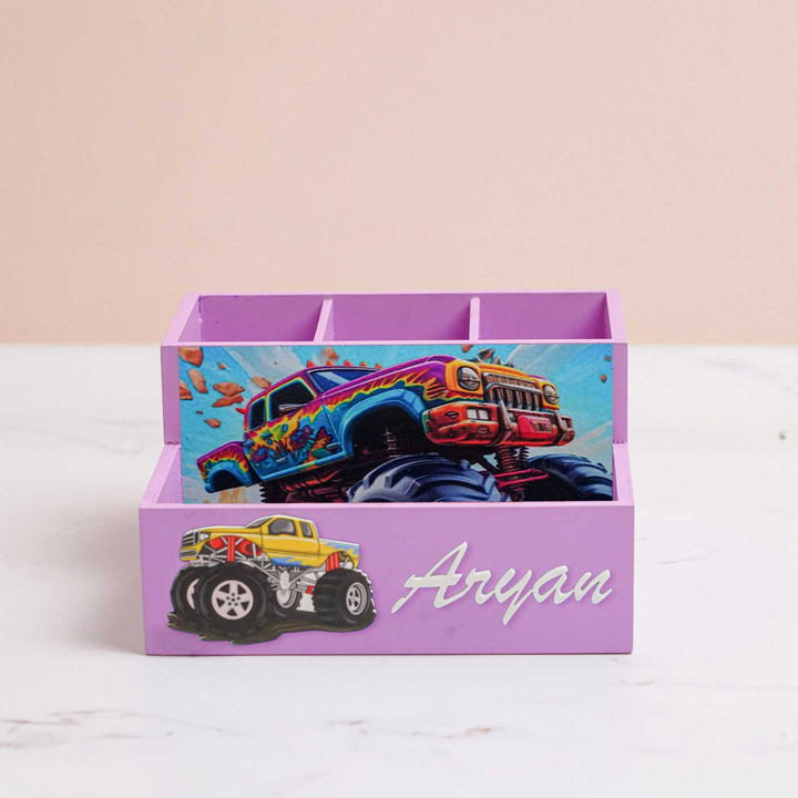 Personalized Truck Theme Mdf Wood Stationery Organizer For Kids