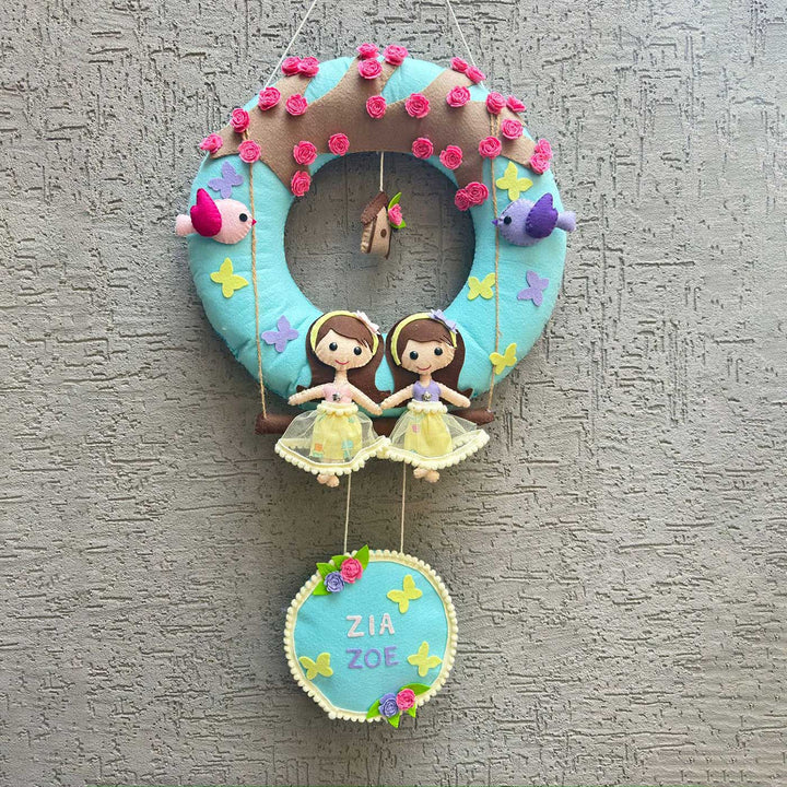 Personalized Handmade Dolls on Swing Themed Felt Hoop Name Plate For Siblings