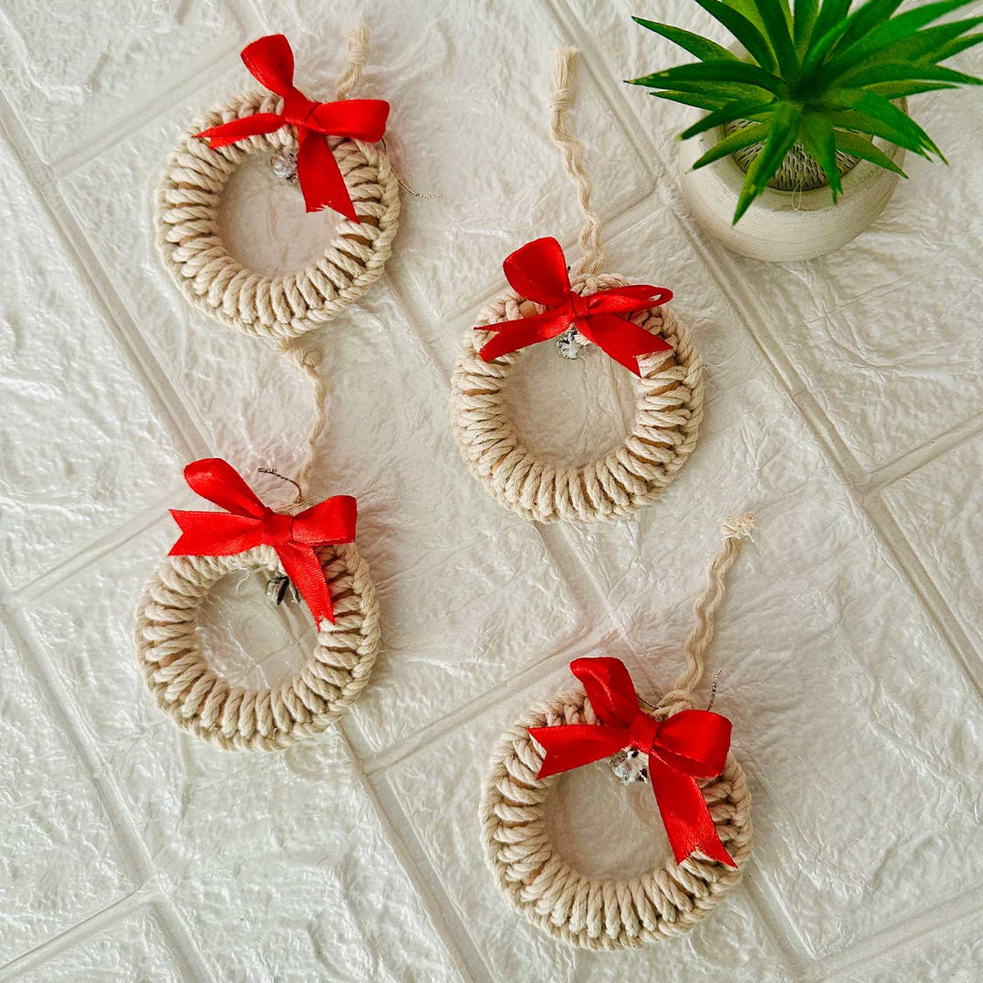 Handmade Macrame White Bell Wreath Christmas Ornament | Set Of 4