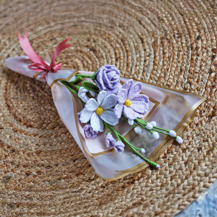 Handmade Crochet Lavender Cosmos & Rose Flower Bouquet