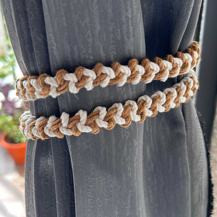 Handmade White & Brown Macrame Curtain Tie-Back