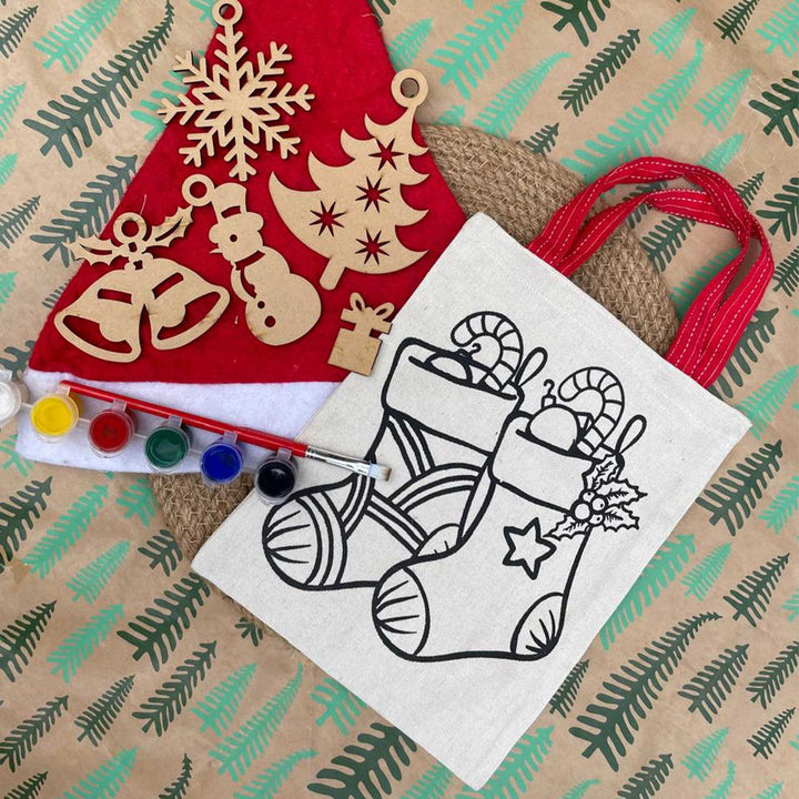 Ready-To-Paint DIY Kit With 5 MDF Ornaments & Canvas Goodies Bag | Xmas Gifting Ideas | Set Of 8