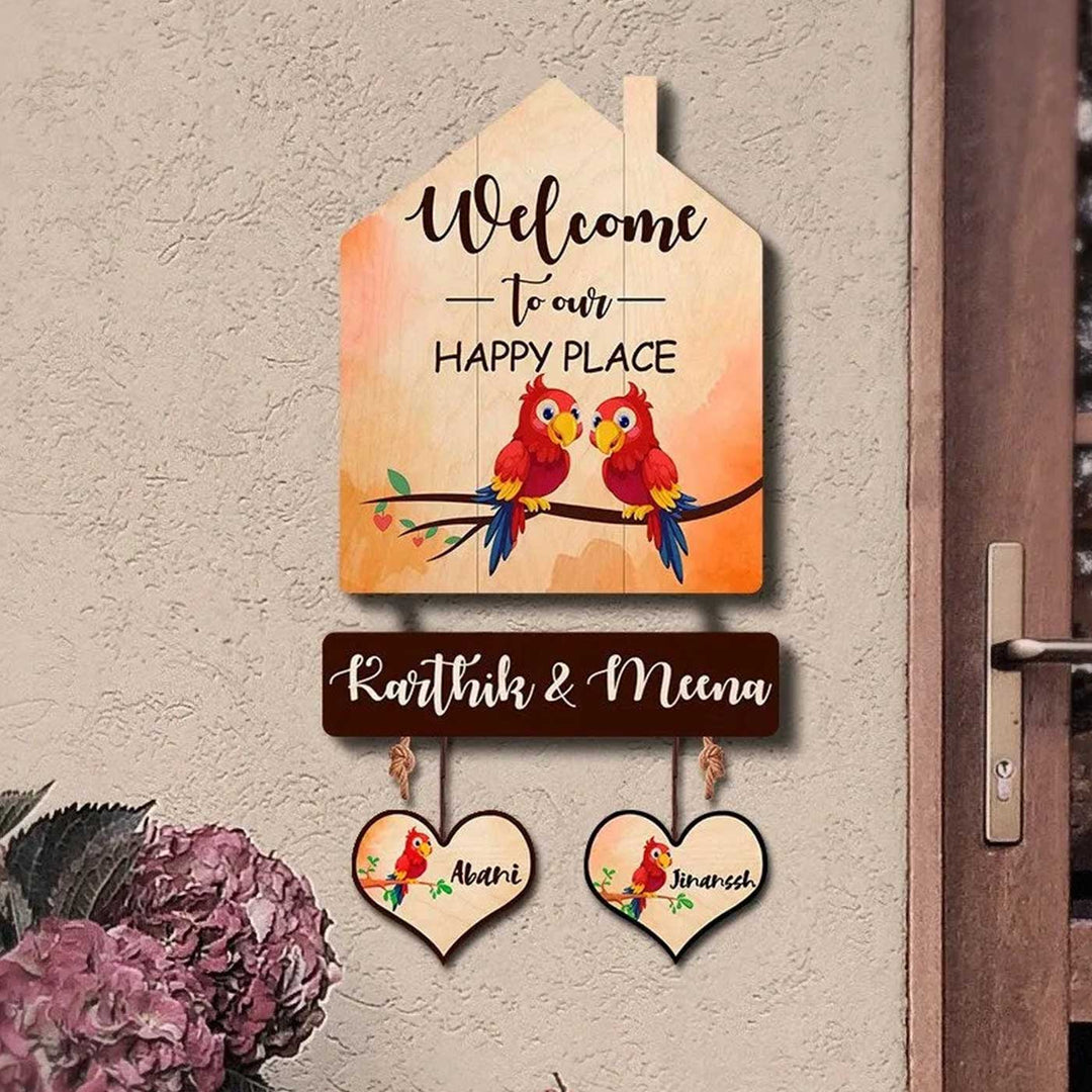 Personalized Printed Wooden House Shaped Parrot Nameplate For Family