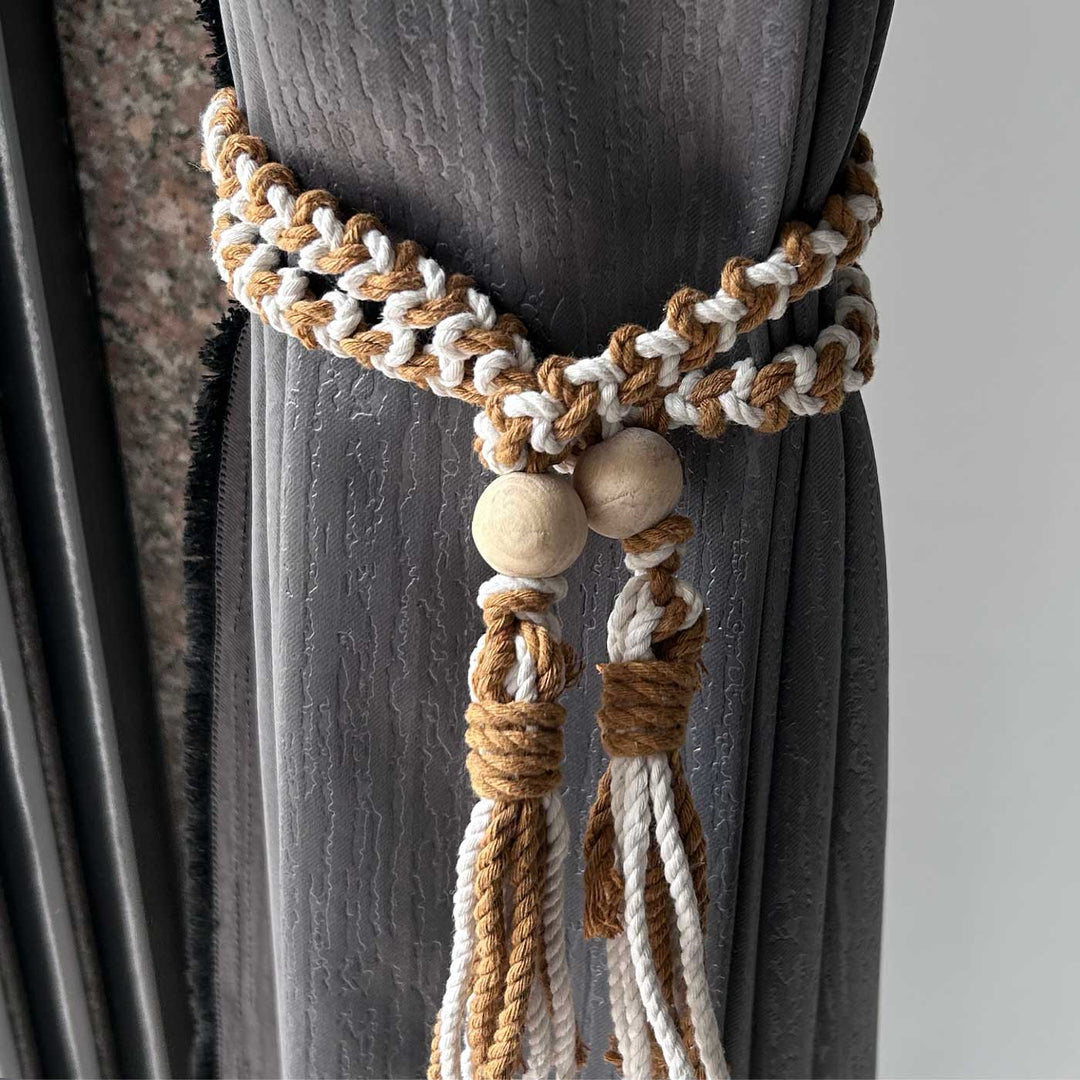 Handmade White & Brown Macrame Curtain Tie-Back