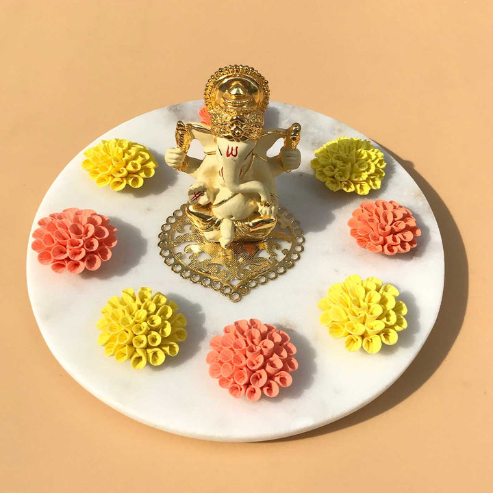 Handmade Ganesha With Marigold Deco Clay & Marble Centerpiece