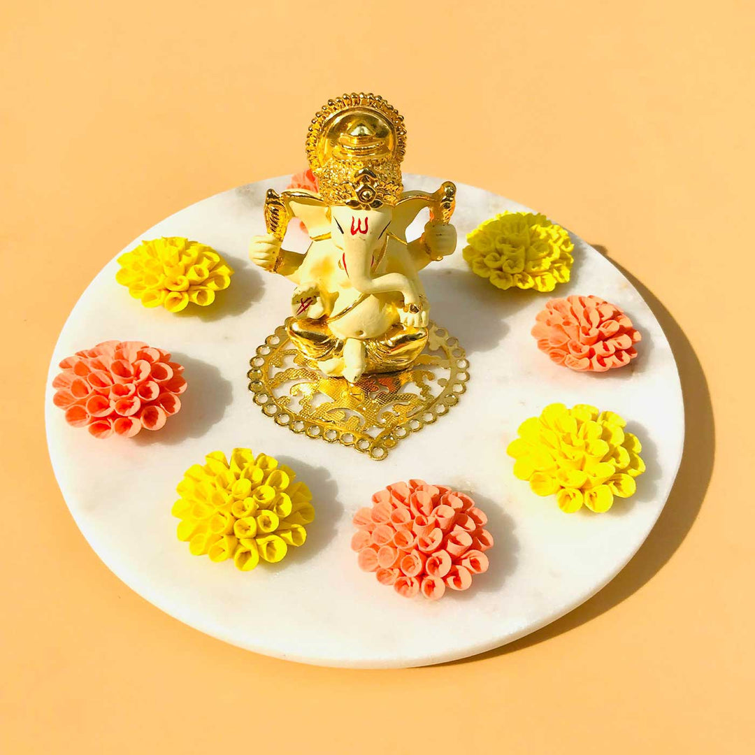 Handmade Ganesha With Marigold Deco Clay & Marble Centerpiece