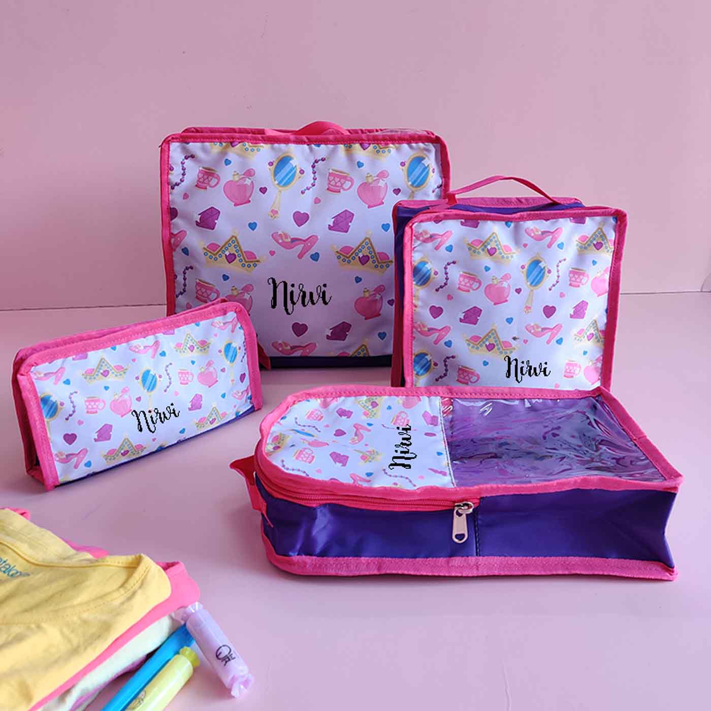 Buy Personalised Printed Packing Cubes Organisers for Kids Set of 4 Online On Zwende