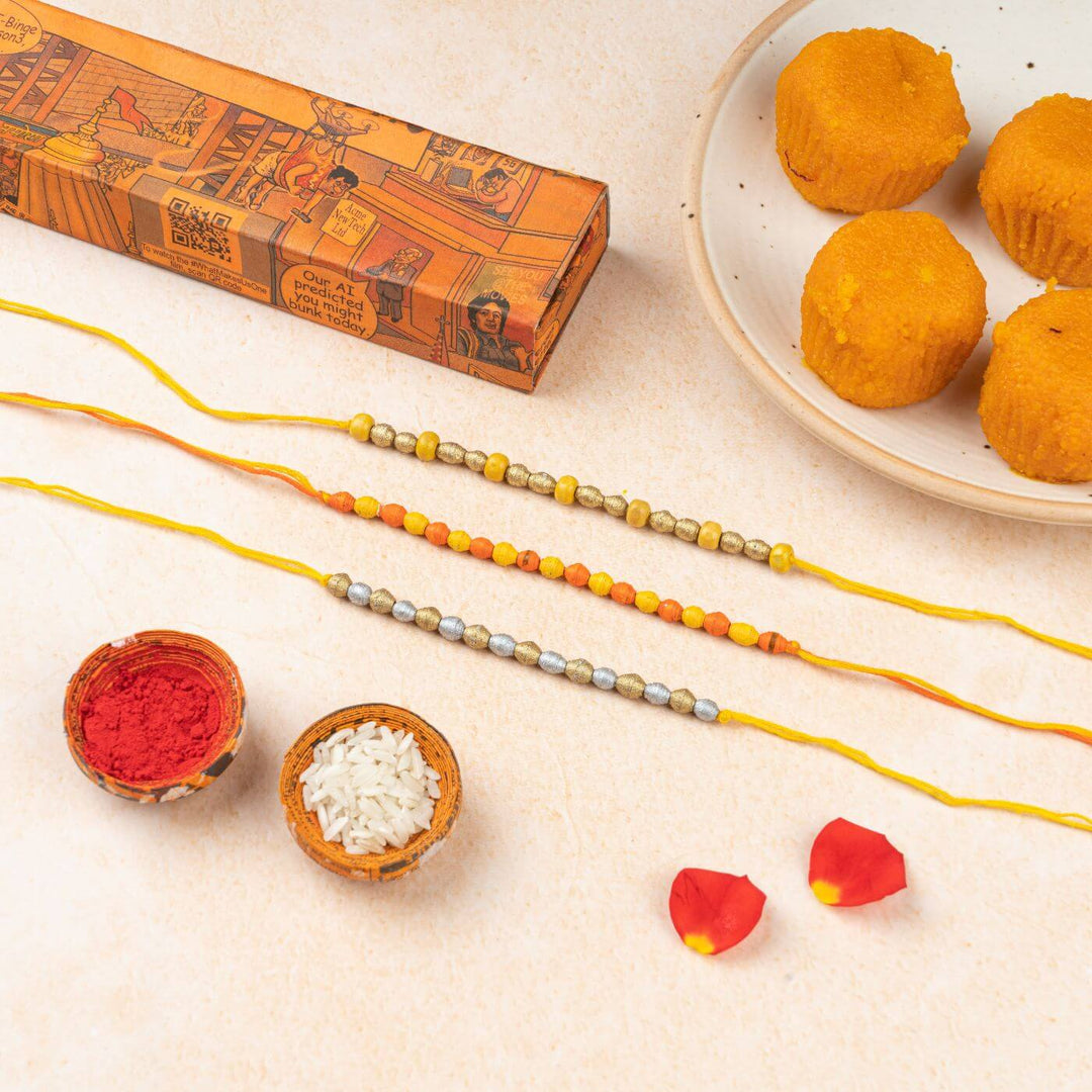 Handcrafted Paper Beads Rakhi Hamper With Rice & Roli | Set of 3