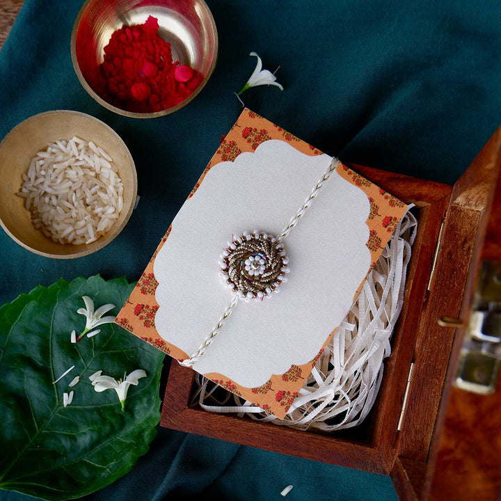 Handmade Zardozi White Bead Work Rakhi With Wooden Box & Roli Chawal