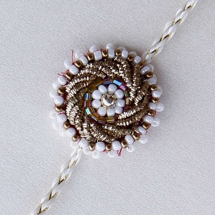 Handmade Zardozi White Bead Work Rakhi With Wooden Box & Roli Chawal