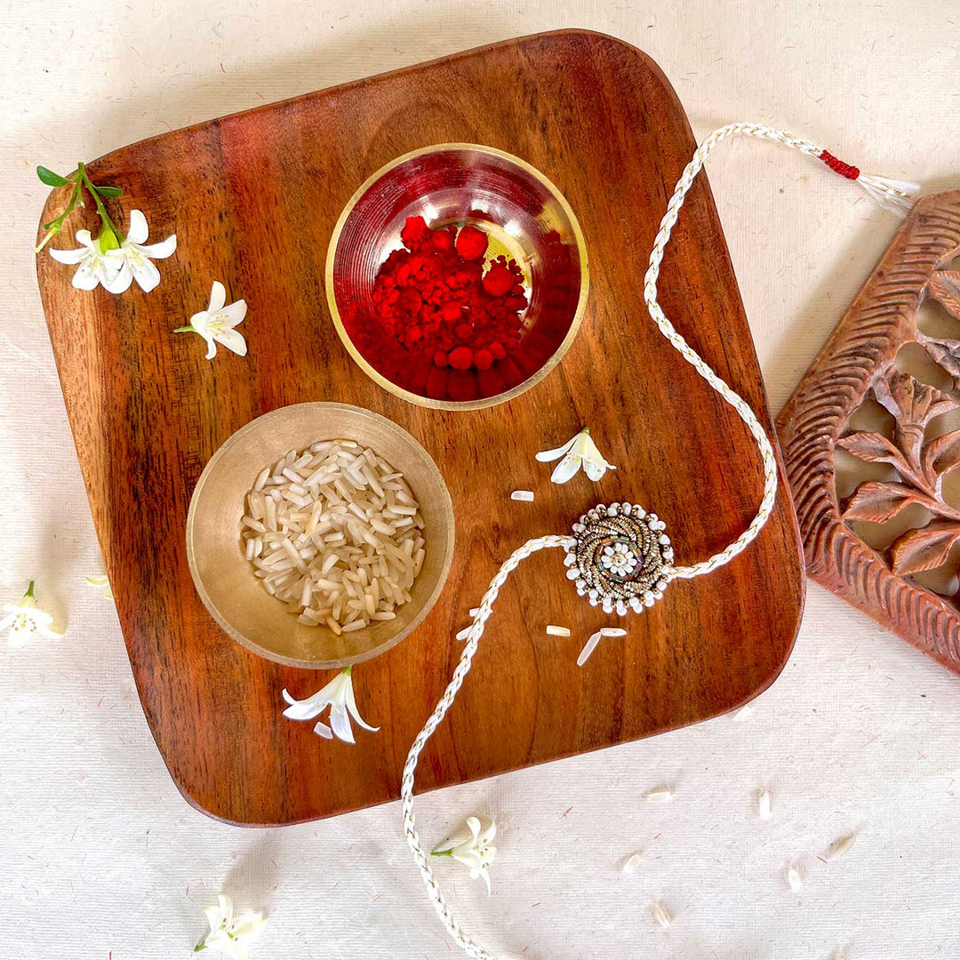 Handmade Zardozi White Bead Work Rakhi With Wooden Box & Roli Chawal