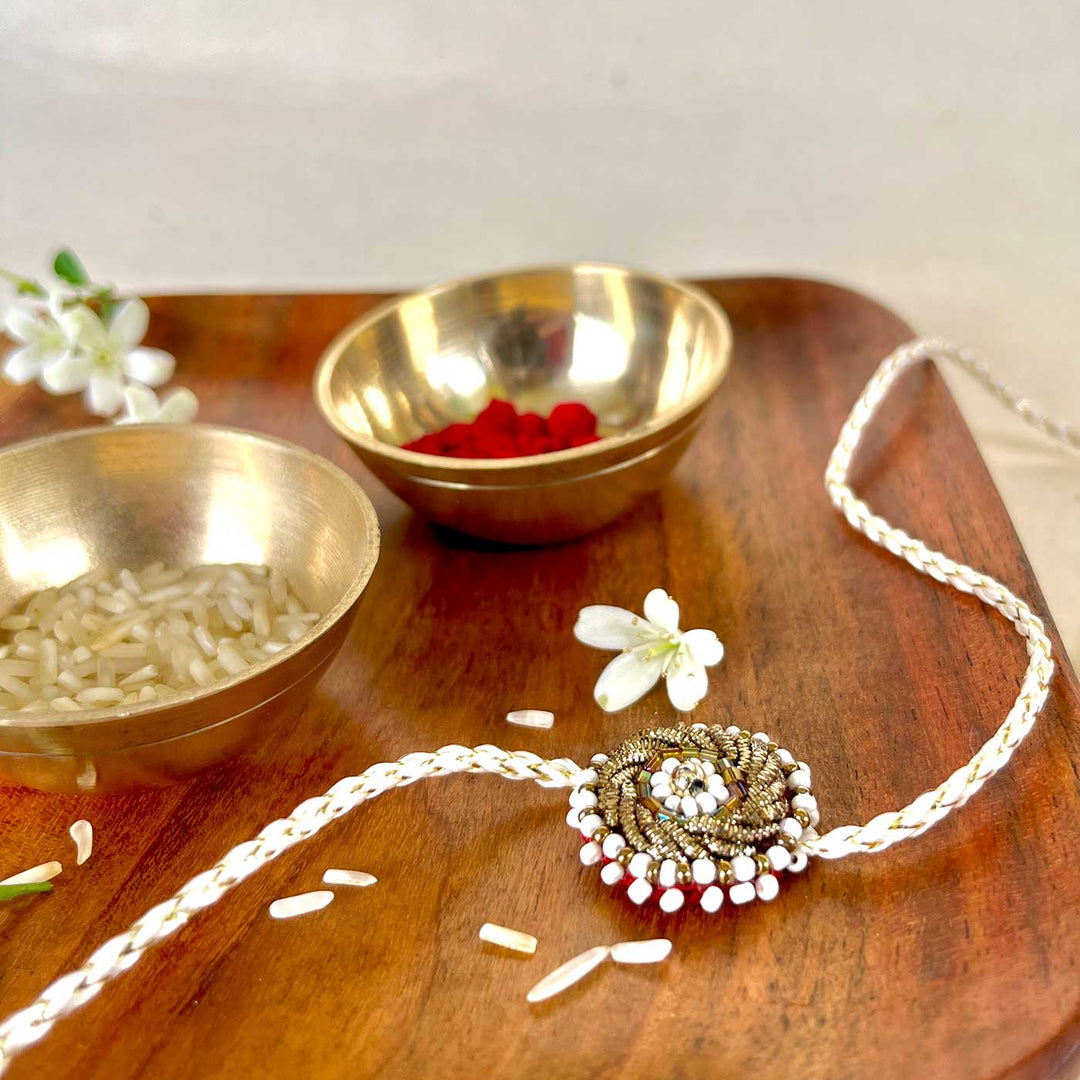 Handmade Zardozi White Bead Work Rakhi With Wooden Box & Roli Chawal