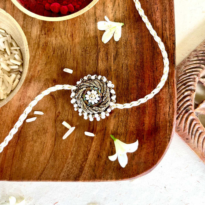 Handmade Zardozi White Bead Work Rakhi With Wooden Box & Roli Chawal