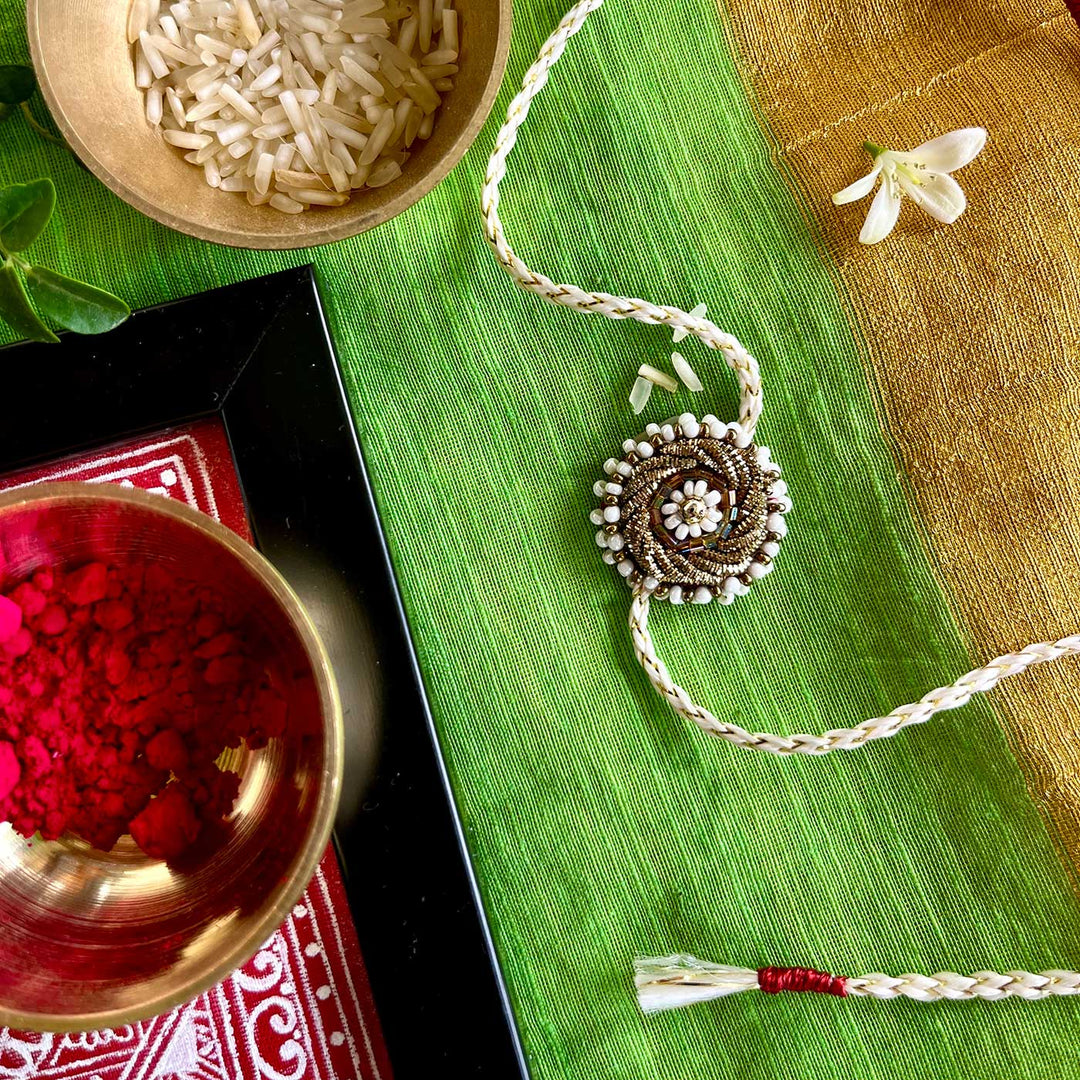 Handmade Zardozi White Bead Work Rakhi With Wooden Box & Roli Chawal