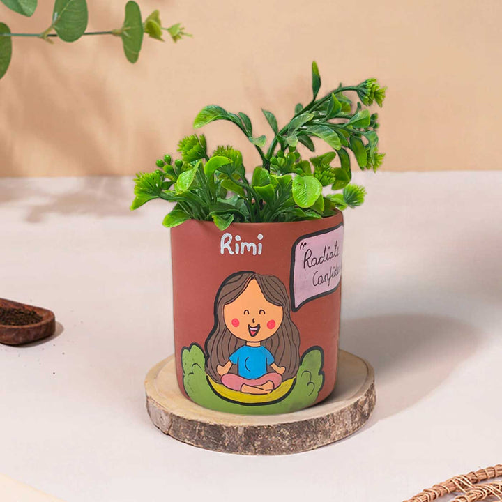 Handpainted Personalized Clay Planter With Meditation Avatar Illustrations And Quote