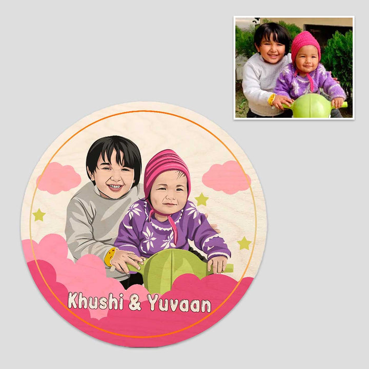 Photo Personalized Kids Circular Characters Wooden Nameplate For Siblings