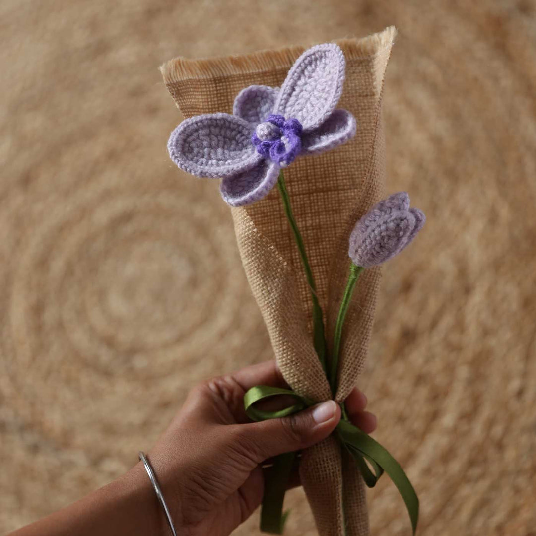 Handmade Crochet Blooming Lavender Orchid Jute Flower Bouquet