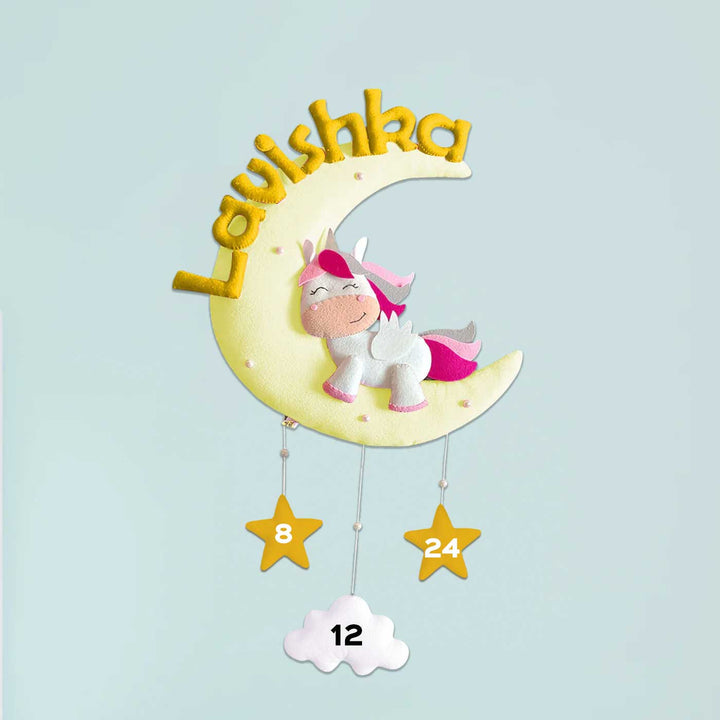 Hand-stitched Cute Unicorn Themed Moon Felt Nameplate