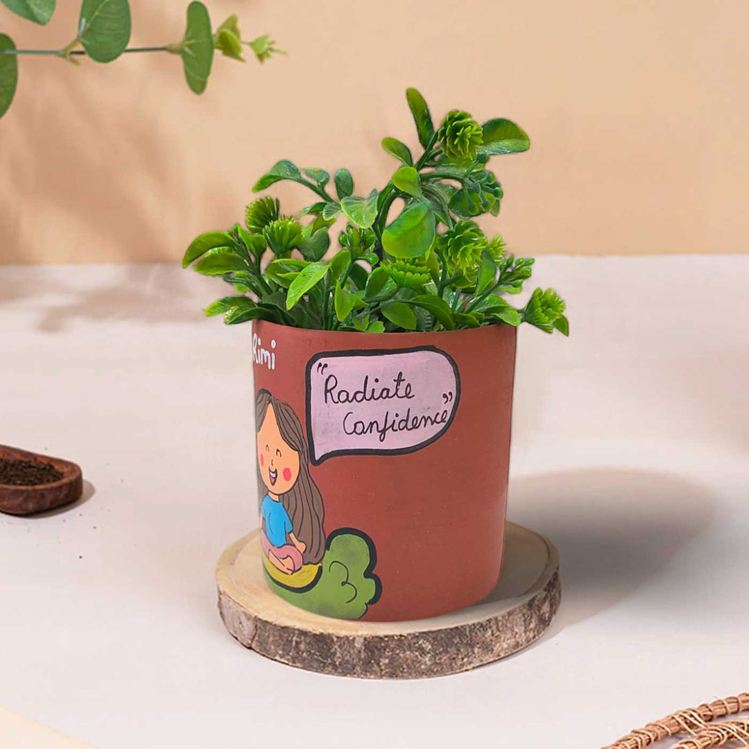 Handpainted Personalized Clay Planter With Meditation Avatar Illustrations And Quote