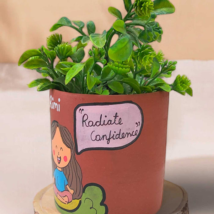 Handpainted Personalized Clay Planter With Meditation Avatar Illustrations And Quote