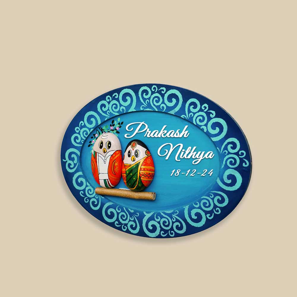 Personalized Pebble Art Wedding Owls Oval Name Plate