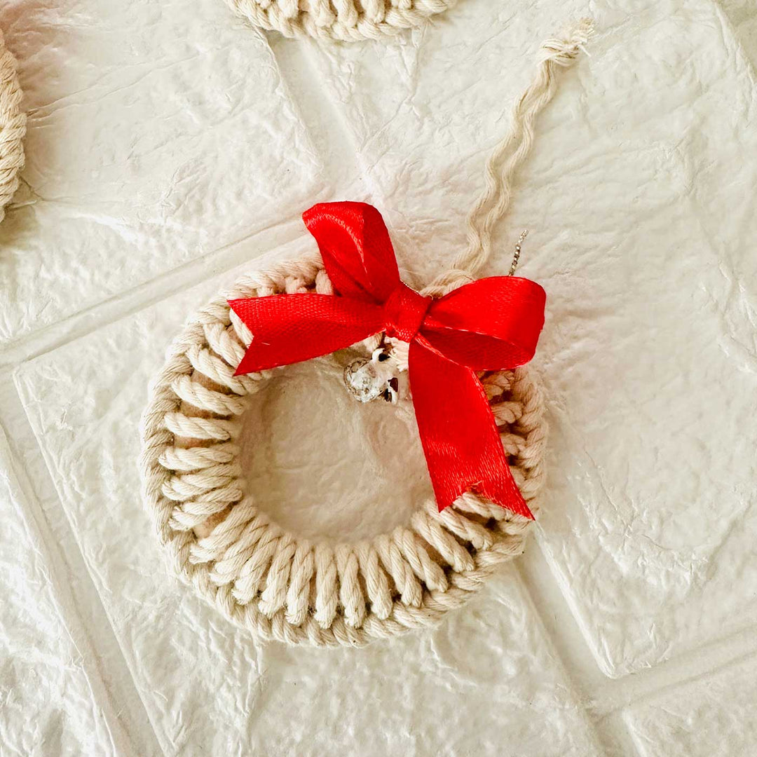 Handmade Macrame White Bell Wreath Christmas Ornament | Set Of 4