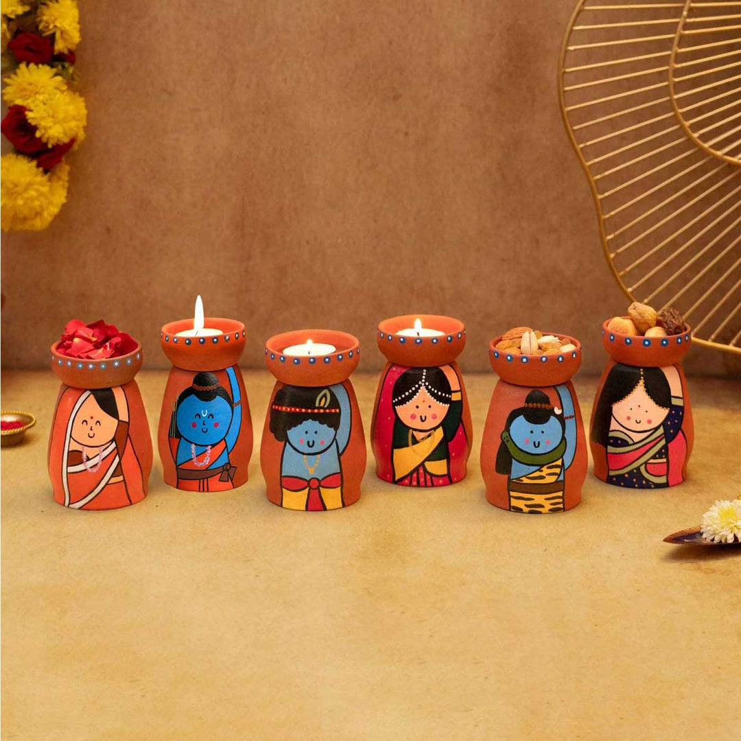 Handpainted Terracotta Tealight Holders with Assorted Divine Characters | Set of 6