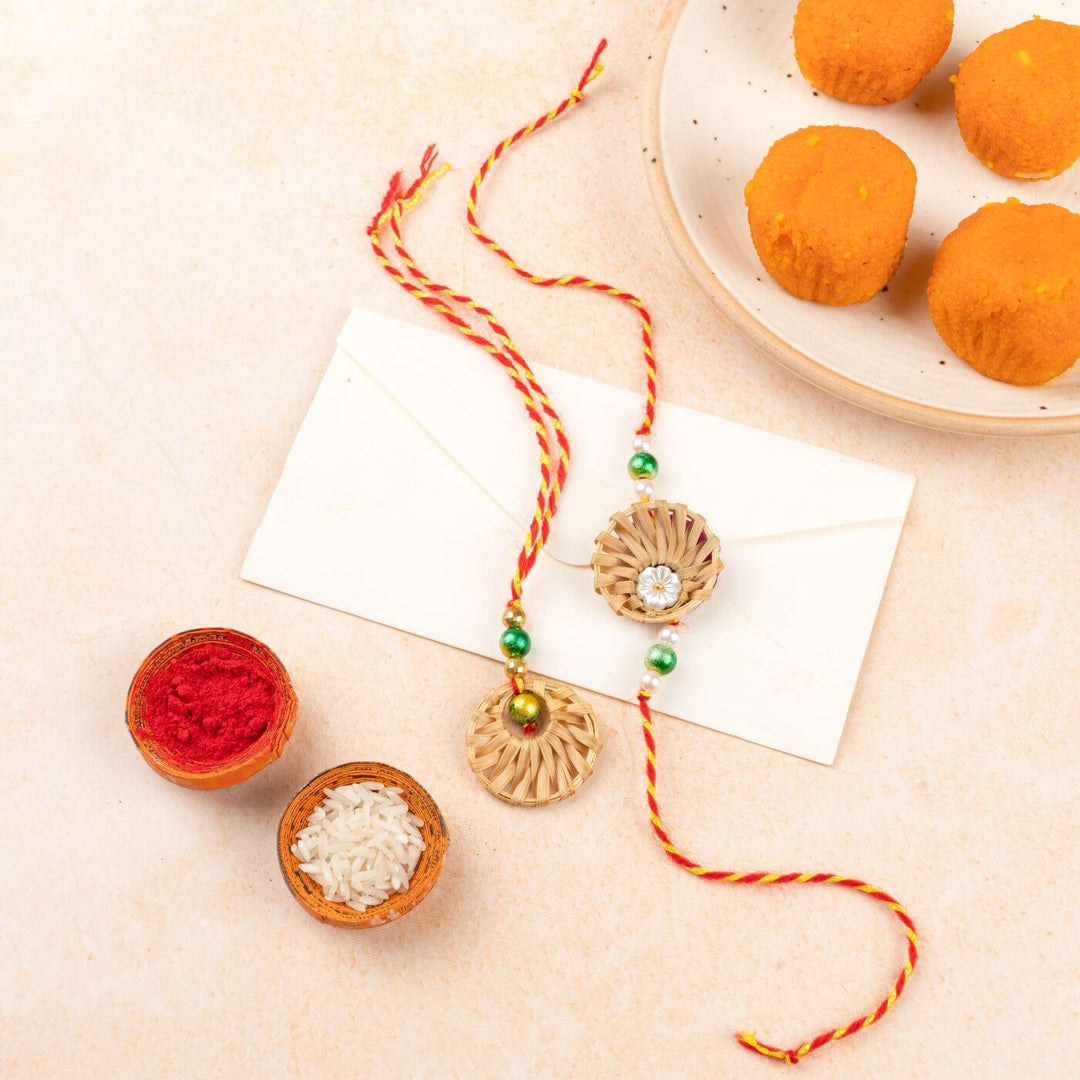 Ecofriendly Bamboo Rakhis for Bhaiya-Bhabhi With Roli Chawal | Set of 2