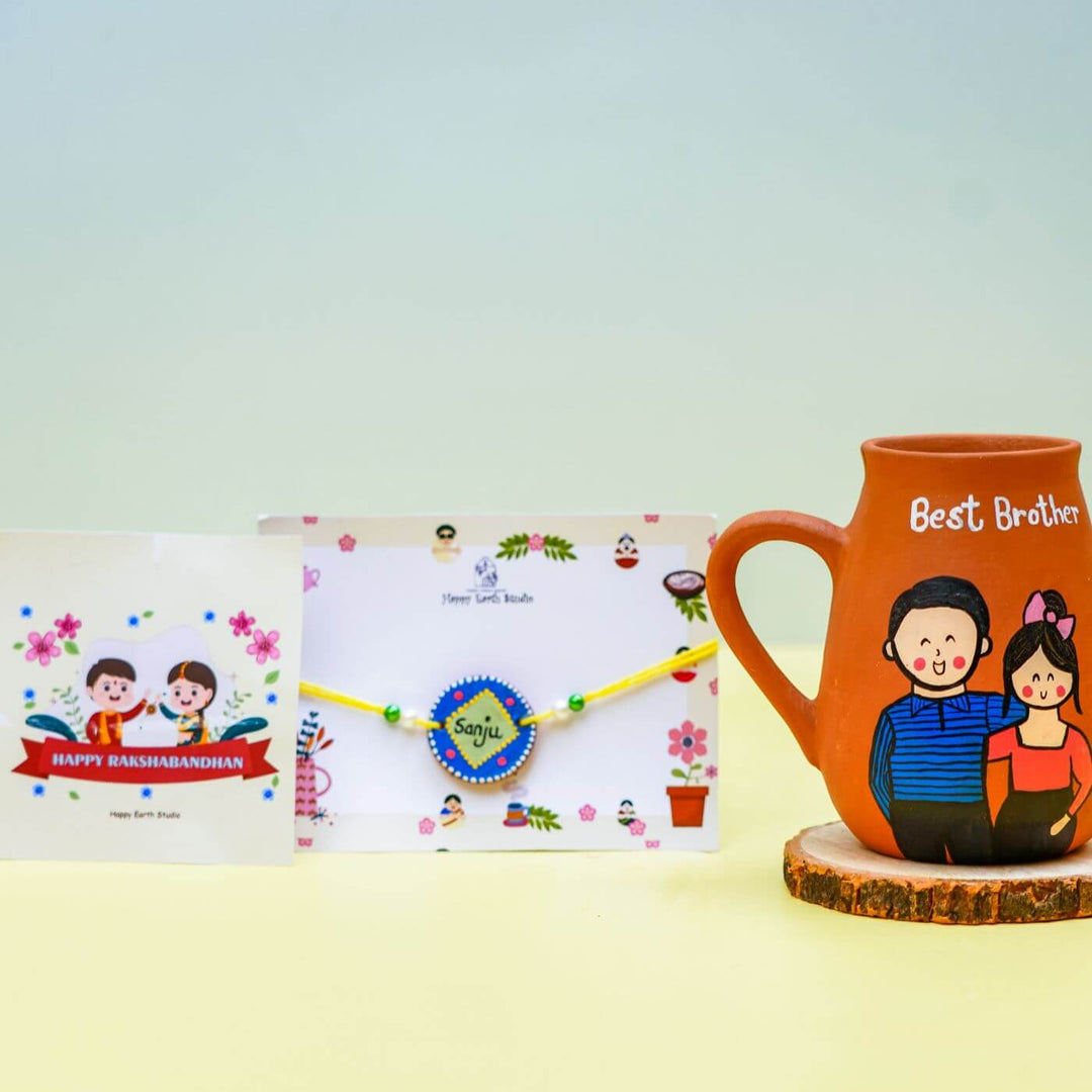 Photo Personalised 'Best Brother' Terracotta Caricature Mug and Rakhi Set