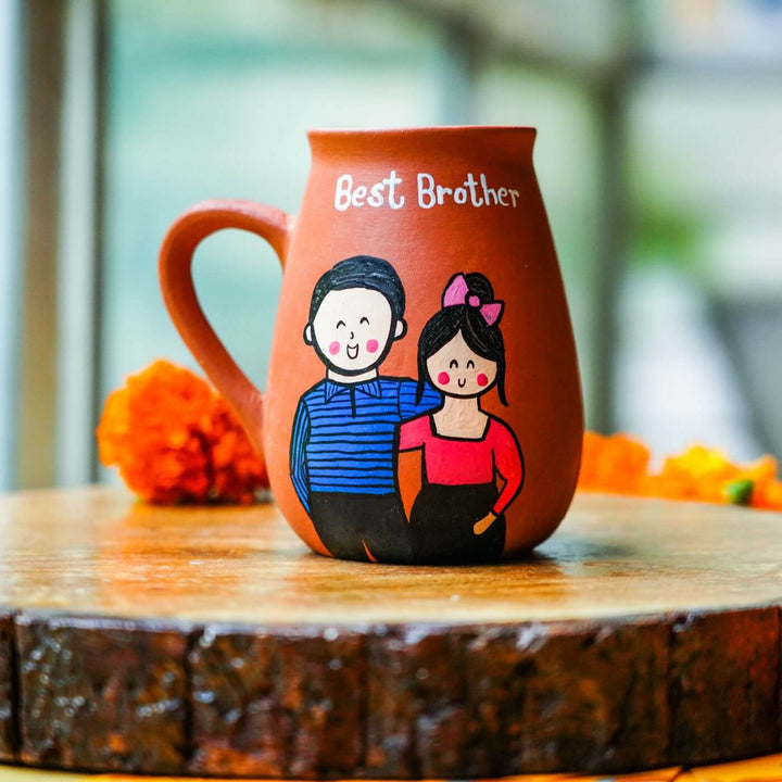 Photo Personalised 'Best Brother' Terracotta Caricature Mug and Rakhi Set