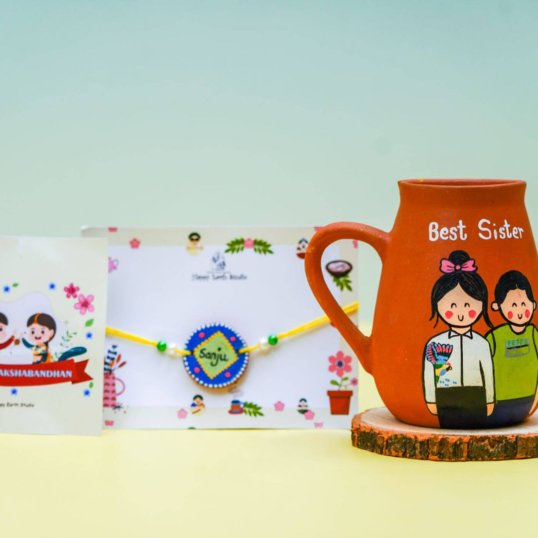 Photo Personalized 'Best Sister' Terracotta Caricature Mug and Rakhi Set