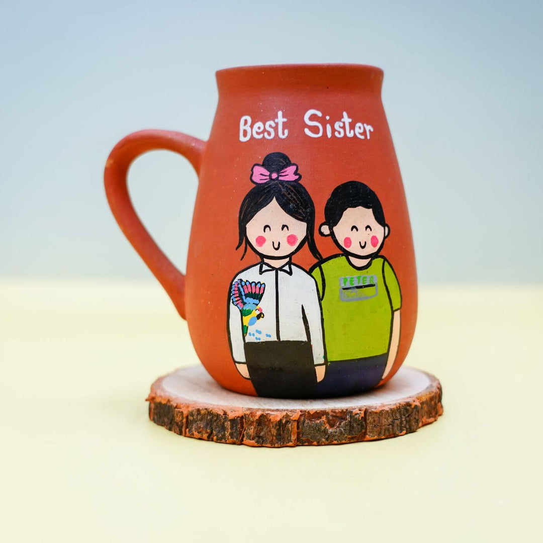 Photo Personalized 'Best Sister' Terracotta Caricature Mug and Rakhi Set