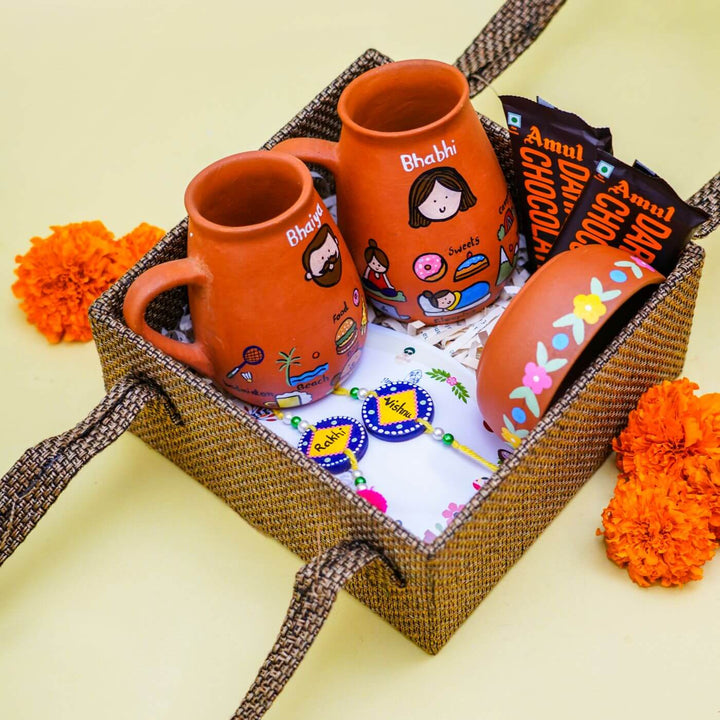 Persoanlized Terracotta Hobby Theme Rakhi Hamper for Bhaiya & Bhabhi