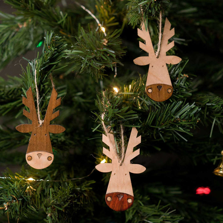 Handmade Wooden Reindeer Ornaments For Christmas Tree Decoration | Set of 3