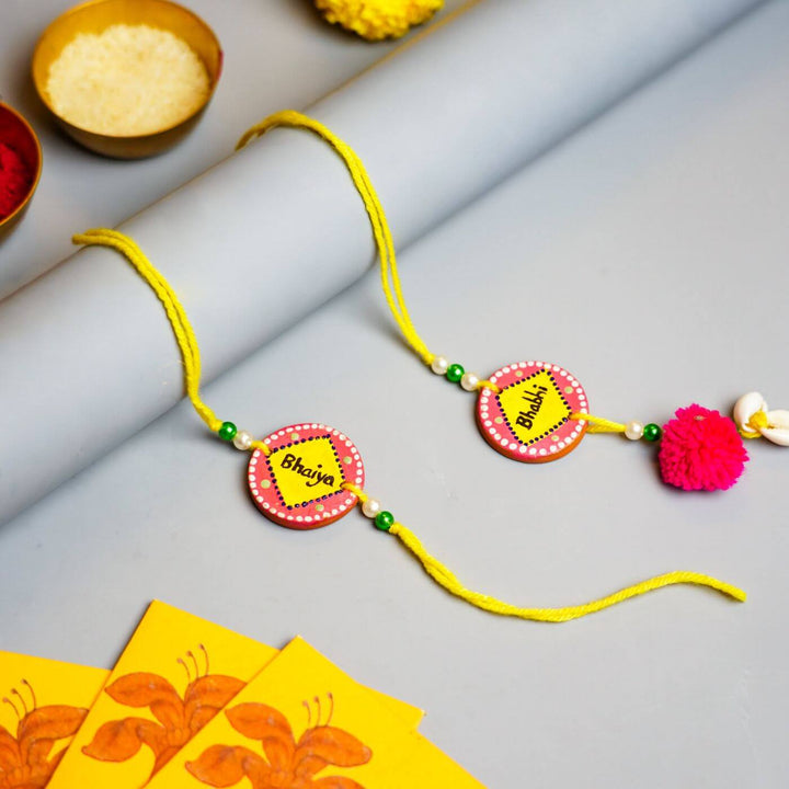 Personalised Handcrafted Bhaiya-Bhabhi Terracotta Rakhi With Roli Chawal