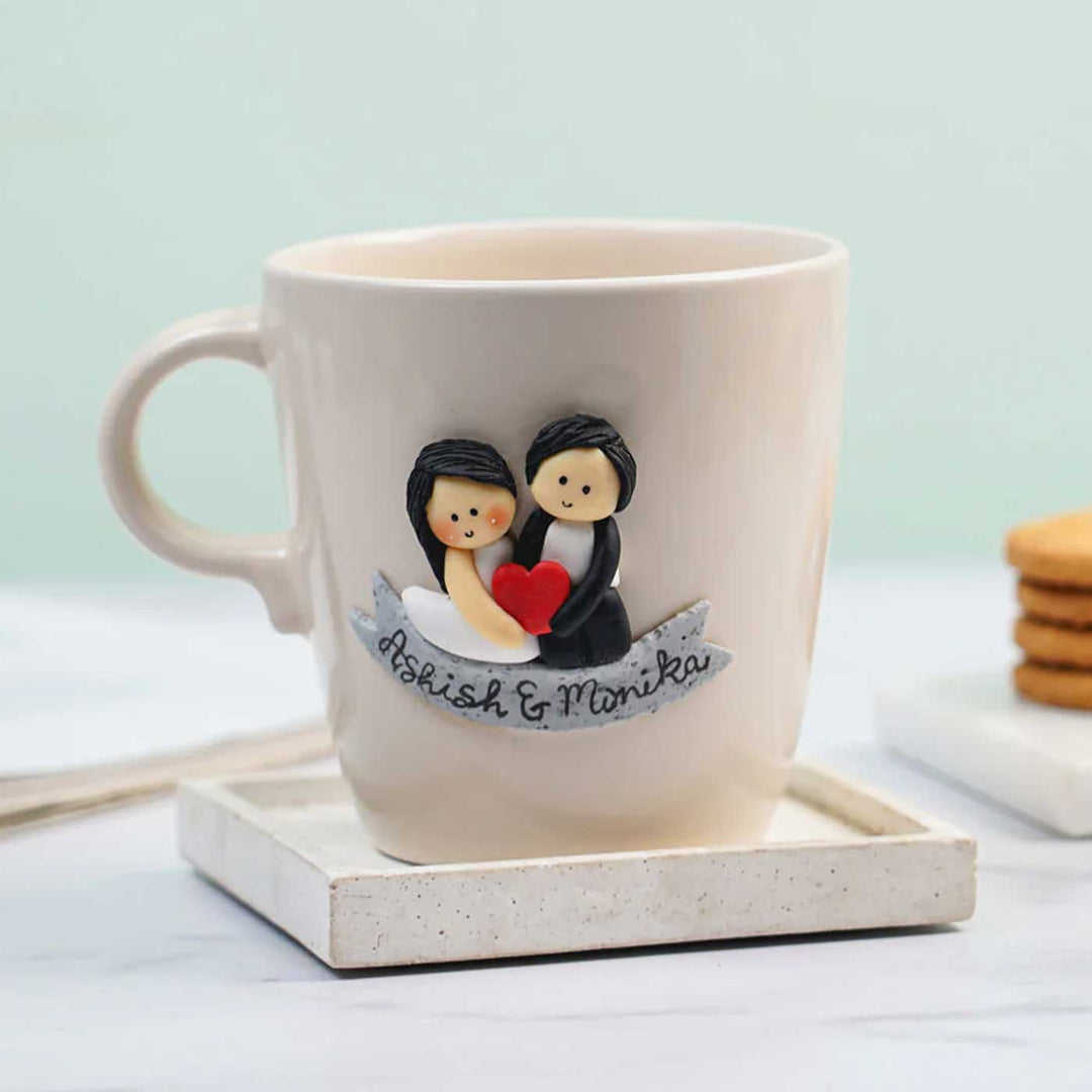 Personalized Couple & Heart Mug With 3D Clay Figurine