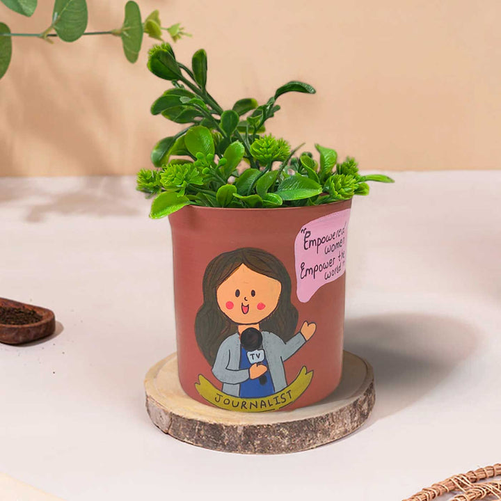 Handpainted Personalized Clay Planter With Journalist Avatar Illustrations And Quote