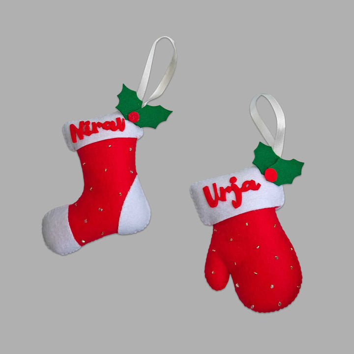 Personalized Sock & Glove Stocking Felt Ornaments For Christmas Tree Decoration | Set Of 2