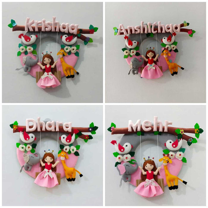 Handcrafted Personalized Jungle Theme Doll on Swing Felt Nameplate For Girls