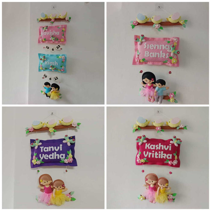 Hand-stitched Pillow & Bird Themed Felt Kids Nameplate with Swing For Siblings