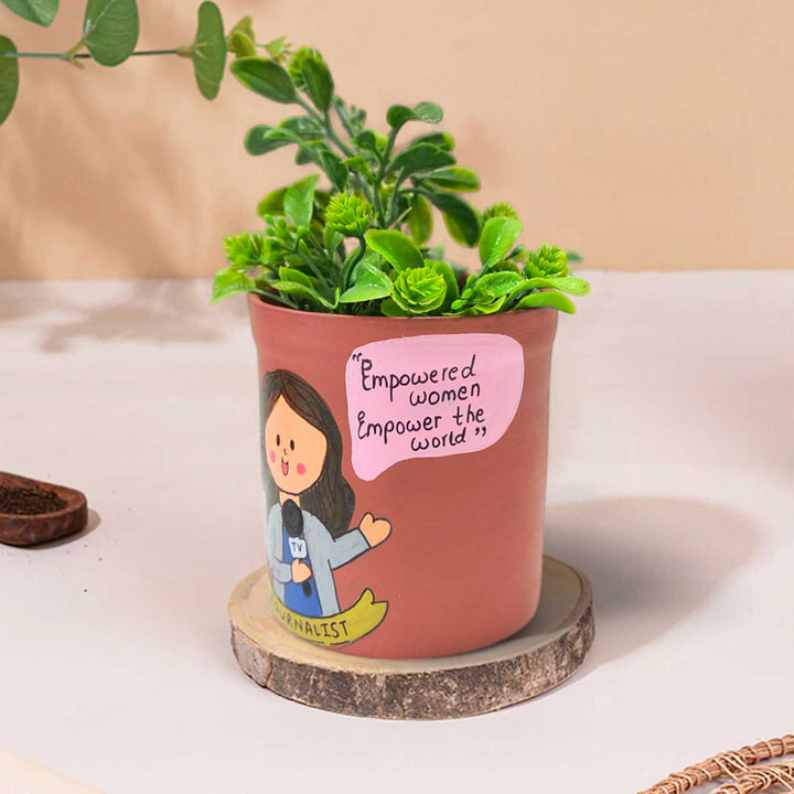 Handpainted Personalized Clay Planter With Journalist Avatar Illustrations And Quote