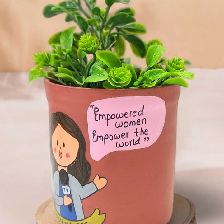 Handpainted Personalized Clay Planter With Journalist Avatar Illustrations And Quote