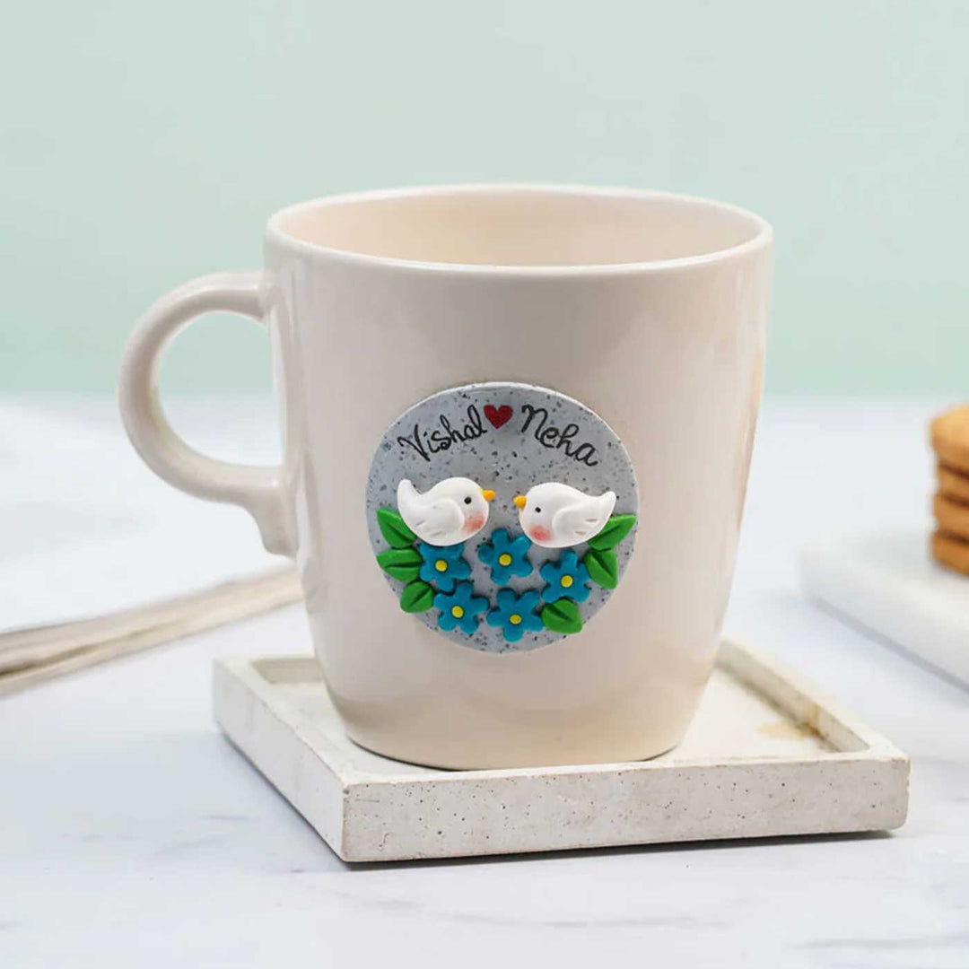 Personalized Love Birds & Flowers Mug With 3D Clay Figurine