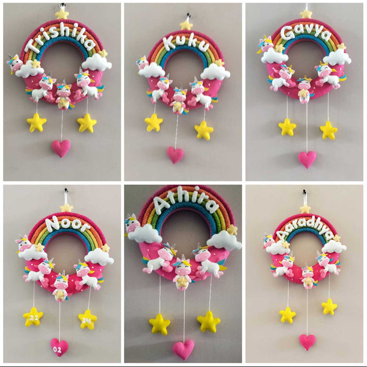 Personalized Rainbow & Unicorn Theme Round Felt Kid's Nameplate