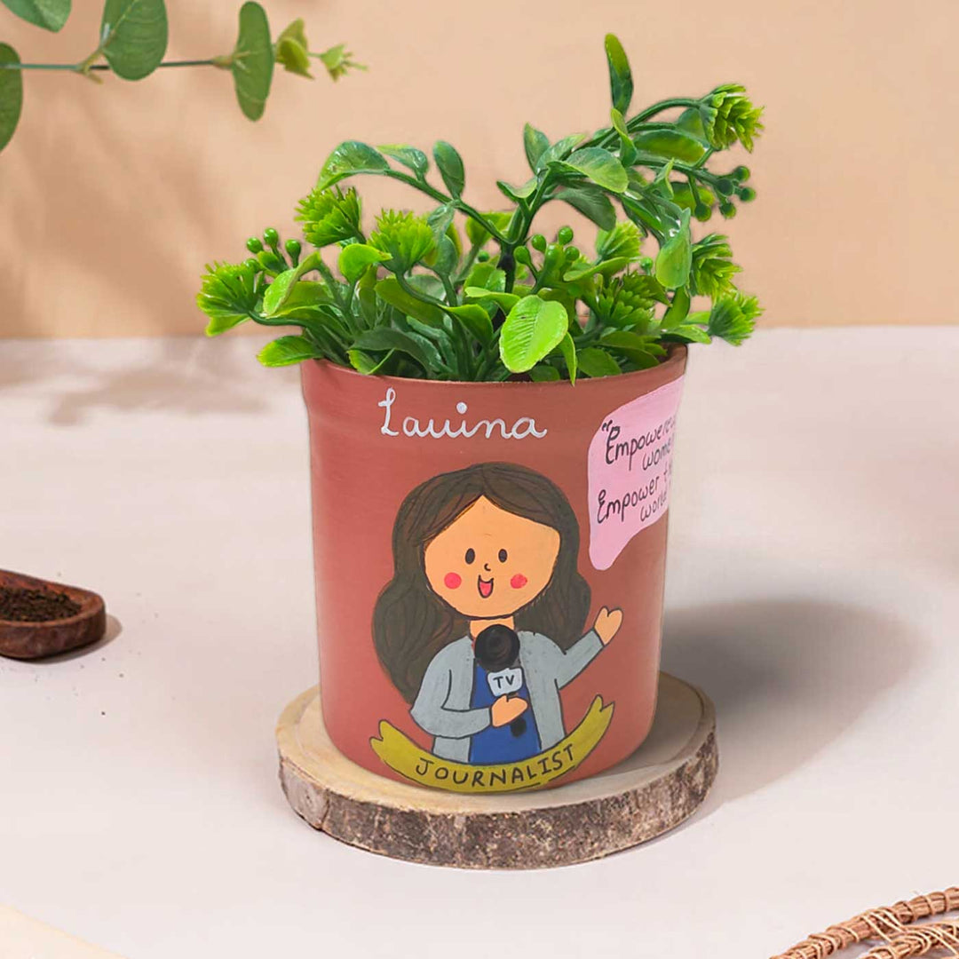 Handpainted Personalized Clay Planter With Journalist Avatar Illustrations And Quote